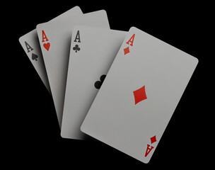 Flying playing card for poker and gambling, three aces isolated on black, clipping path

