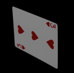Playing cards, three hearts isolated on black background with clipping path, series