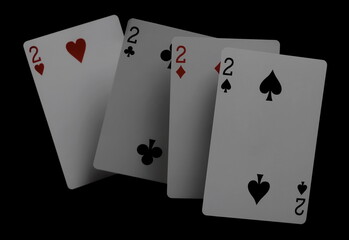 Playing cards, four deuces isolated on black background with clipping path, series