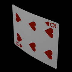 Flying playing card for poker and gambling, six heart isolated on black, clipping path