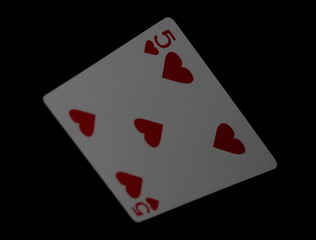 Playing cards, five heart isolated on black background with clipping path, series