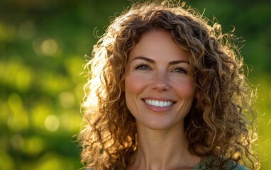 A natural light close-up of a smiling woman with curly hair, captured in soft morning sunlight against a vibrant green backdrop