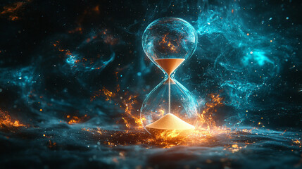 A single hourglass with suspended sand mid-flow symbolizing a pause in time against a hyper-speed blurred backdrop representing chaos and the concept of timelessness in a fast-paced world

