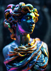 A stunning iridescent female marble bust of Medusa, rendered in Unreal Engine at 8k resolution. It features vibrant colors, is very reflective, has perfect lighting, a dark indigo background, and was 