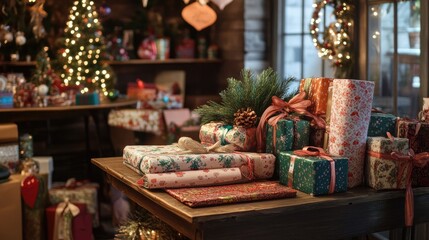 Gift wrapping station with festive materials