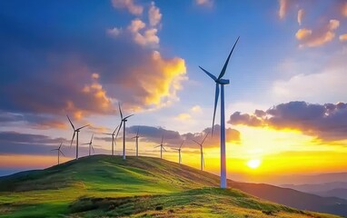 Obraz premium A serene green hillside covered with wind turbines under a golden sunset