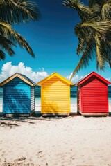 Colorful Beach Huts on Sandy Beach