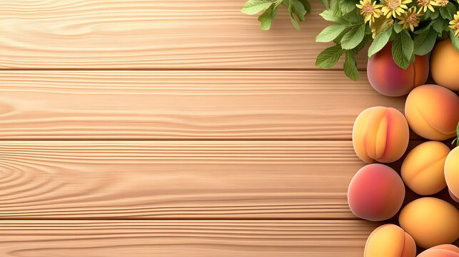 Ripe peaches and flowers on wooden background; ideal for food blogs, recipes, or healthy eating campaigns.