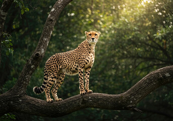 Obraz premium Beautiful cheetah standing on a big branch
