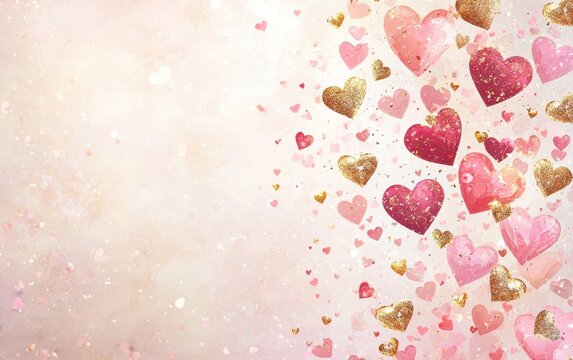 Naklejki A soft beige background with a cascading pattern of pink and gold hearts for Saint Valentines Day