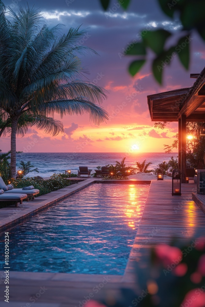 Poster a relaxing scene by the pool with lounge chairs and palm trees