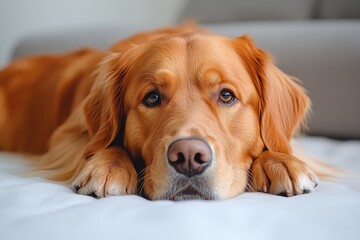 A large brown dog is lying on top of a bed, possibly a pet or companion