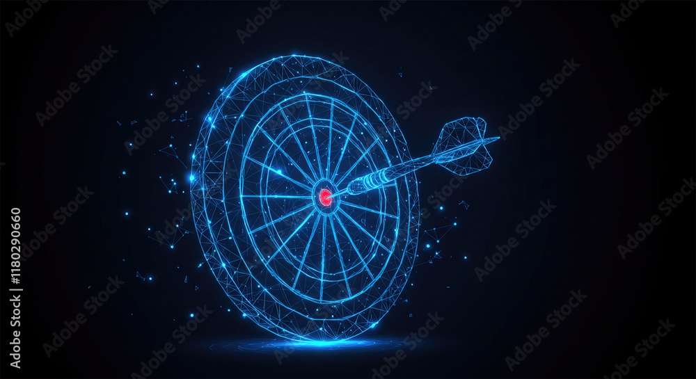 Poster smart goal setting, dart hit the center of dartboard glowing blue. low polygon, particle, and triang