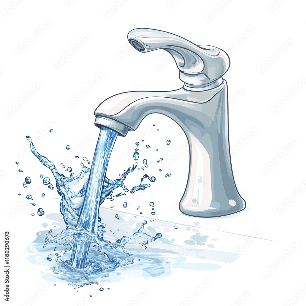 Poster a silver faucet with water flowing and splashing into a sink basin, depicting freshness and cleanlin