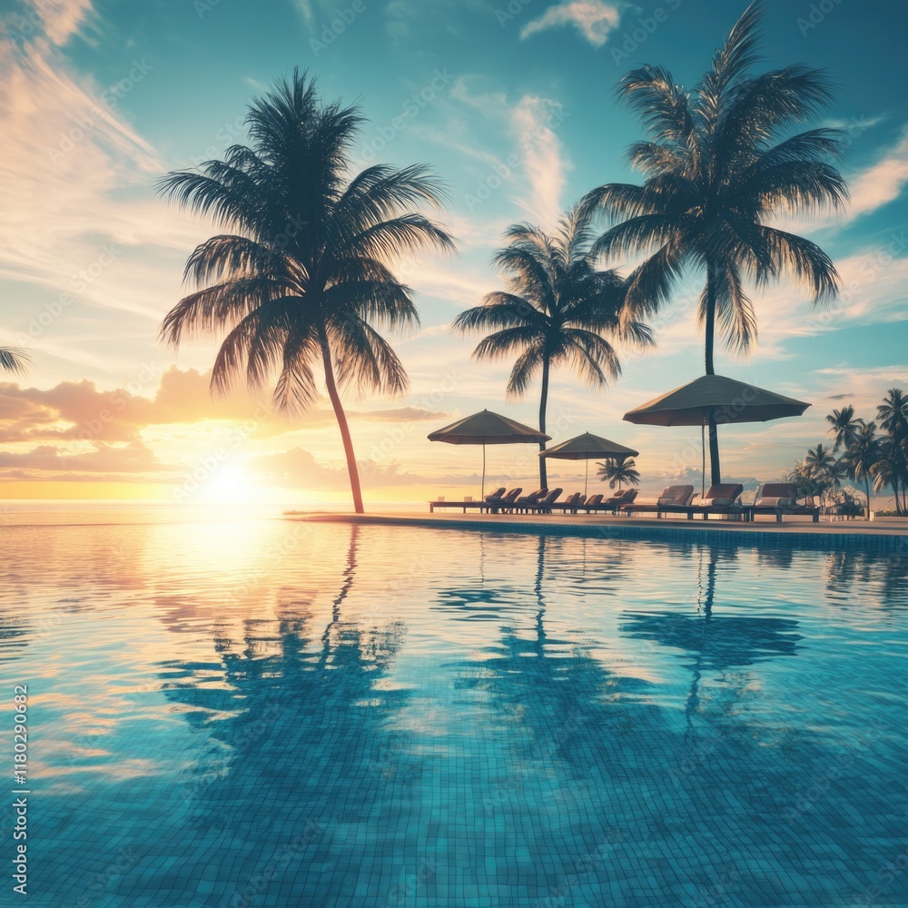 Poster a serene scene of a pool surrounded by lounge chairs and shaded by umbrellas, set amidst lush palm t