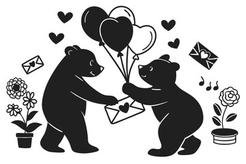happy valentine's day teddy bears in love  silhouette vector illustration