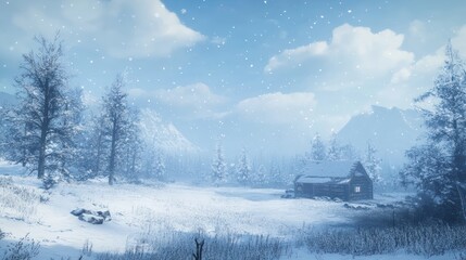 Snowy mountain cabin winter landscape, snowfall