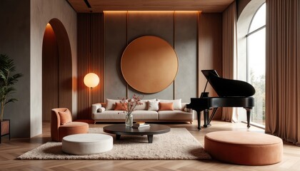 Modern art deco interior japandi living room with a grand piano, a sofa, and a coffee table.