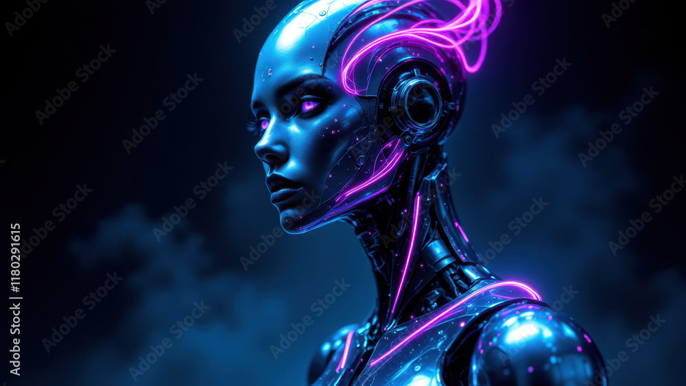 Poster a humanoid robot with glowing eyes and circuitry on its face, suggesting advanced artificial intelli