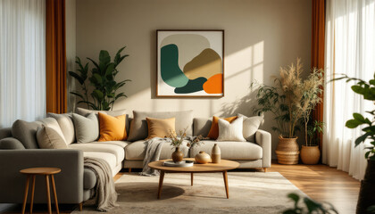 Art deco interor living room with a large window, curtains, a sofa, a coffee table, and a record player.