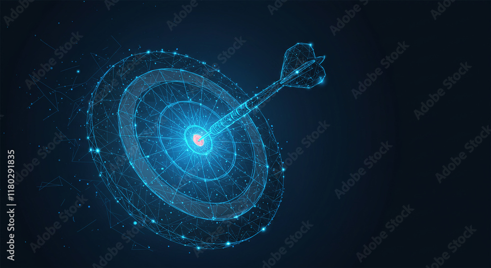 Poster smart goal setting, dart hit the center of dartboard glowing blue. low polygon, particle, and triang
