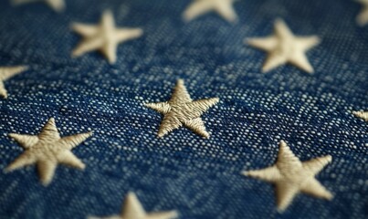 Close-up of Stars on the American Flag with a Focus on the Fabric Texture
