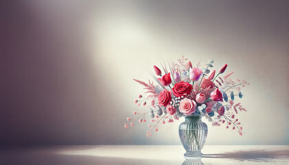 透明感のある繊細な花。記念日の感謝や愛を伝える贈り物。バレンタインに贈る花束。清潔感と品格のあるデザイン。ミニマルで洗練された静物画。Generated by AI.