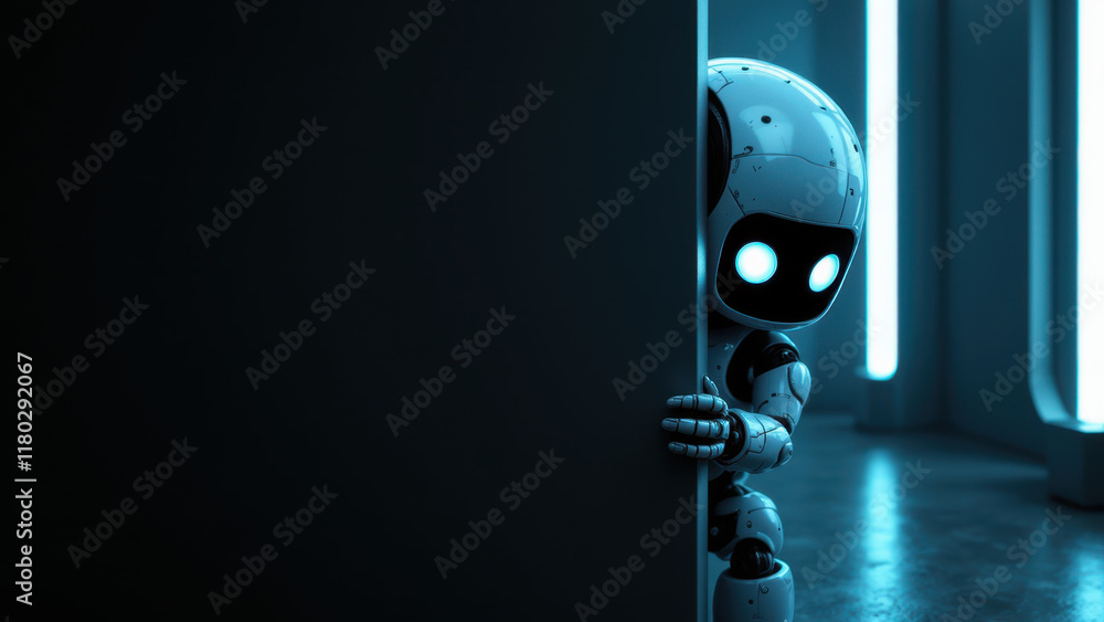 Poster ai robot peeking around corner with innocent expression.
