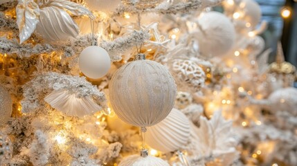 Festive tree decorated with white ornaments