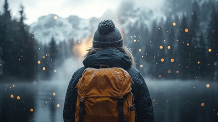 Traveler in a snowy forest landscape