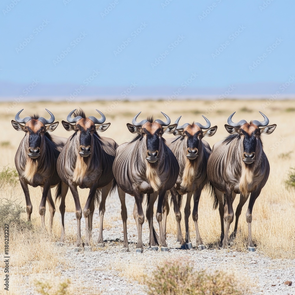 Poster a group of wildebeest grazing on a dry grassy field