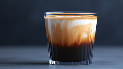 A glass of iced coffee featuring dark espresso and creamy milk swirls blending together, set against a dark, moody backdrop