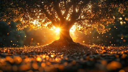 Golden sunlight streaming through a tree