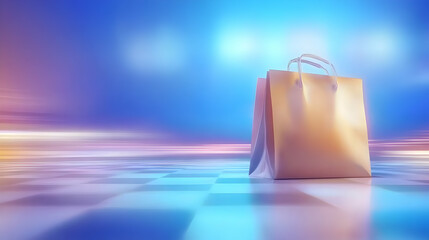 Shopping bag on checkered floor, futuristic landscape background.  Perfect for online retail, e-commerce, or shopping promotions.