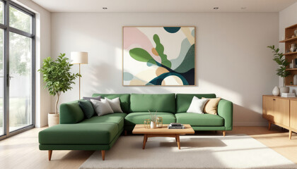 Japandi living room with a large green sectional sofa, a wooden coffee table, and a large abstract painting on the wall.