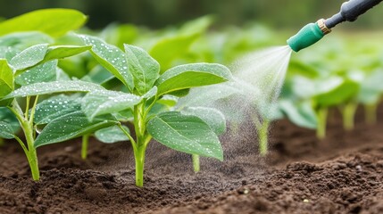 Young crop plants being sprayed with water or pesticide in a green agricultural field.