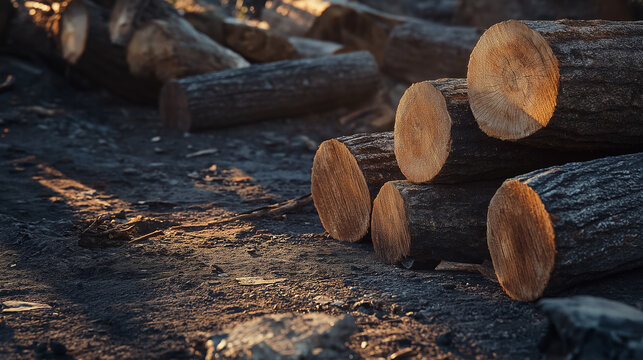 Rustikale Holzst&auml;mme im Sonnenlicht, perfekt f&uuml;r Holzverarbeitung


