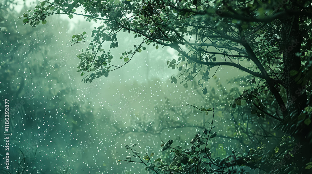 Poster forest with a stream of rain falling on it.