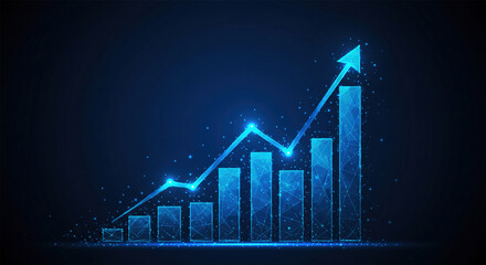 Abstract image of a growth chart in glowing blue. Low polygon, particle, and triangle style design.Wireframe light connection structure. Vector wireframe concept.