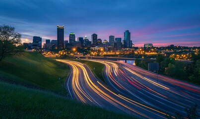 Cityscape at Twilight with Light Trails on Urban Highway