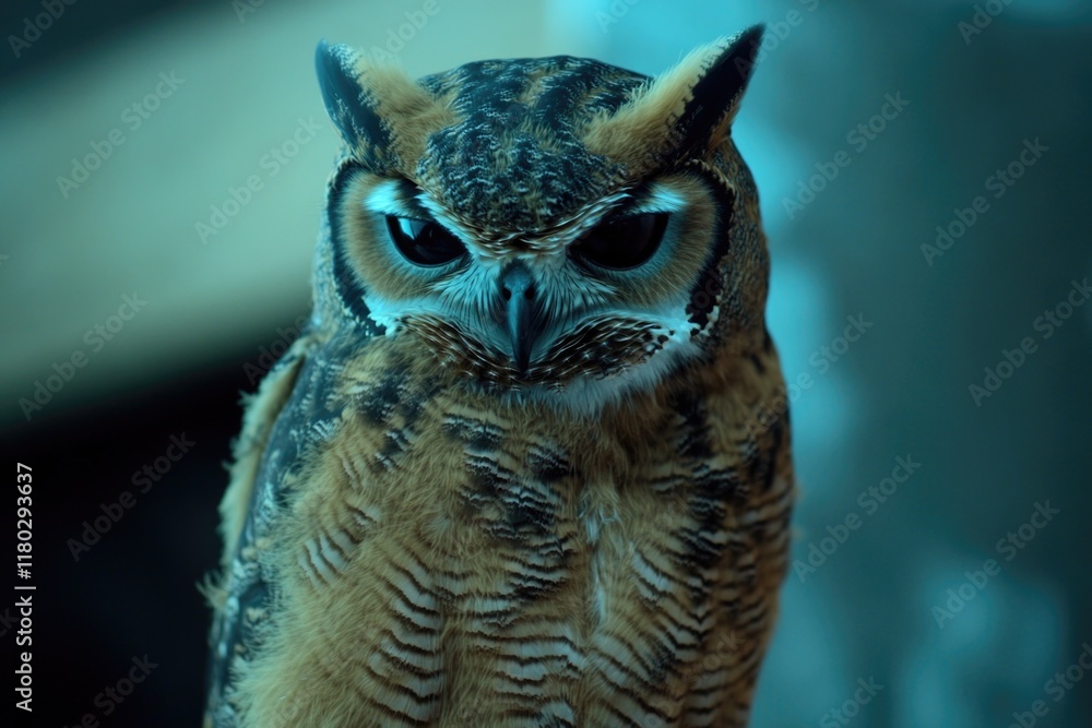 Poster close-up shot of an owl's face with blurred background