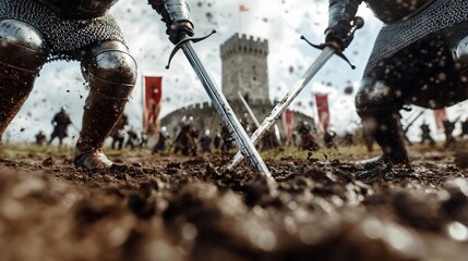 Medieval knights duel, castle battle, muddy ground
