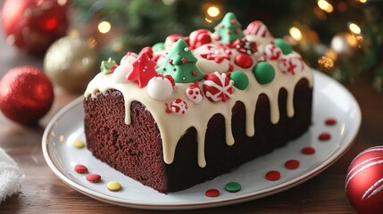 Festive Christmas loaf cake on a serving dish