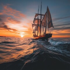Fototapeta premium A sailboat gliding through calm waters at sunset, perfect for travel or adventure use