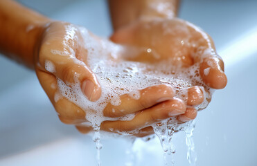 Close up Washing hands rubbing with soap for prevention. Hygiene and cleaning hands. 