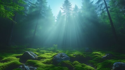 Obraz premium Sunbeams pierce misty forest, illuminating moss.