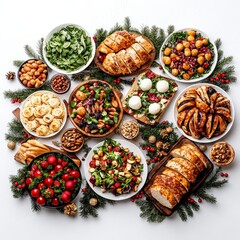 Fototapeta premium A festive arrangement of various delicious dishes, including salads, breads, and snacks, surrounded by greenery and holiday decor.