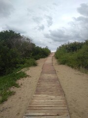Camino de madera en la arena 