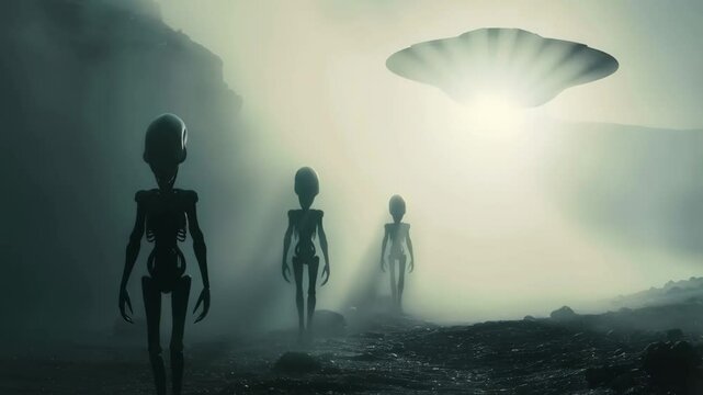 Silhouette of alien creatures emerging from a foggy landscape.