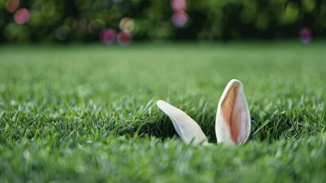 Easter bunny ears poking out of a hole in a garden.